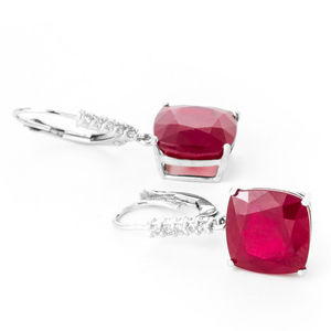 14K. GOLD LEVER BACK EARRINGS W/NR. DIAMONDS & RUBIES (White Gold)
